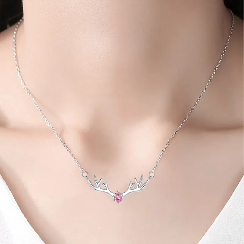 Women's copper deer pendant necklace with blue stone option on O-link chain, light luxury Korean style