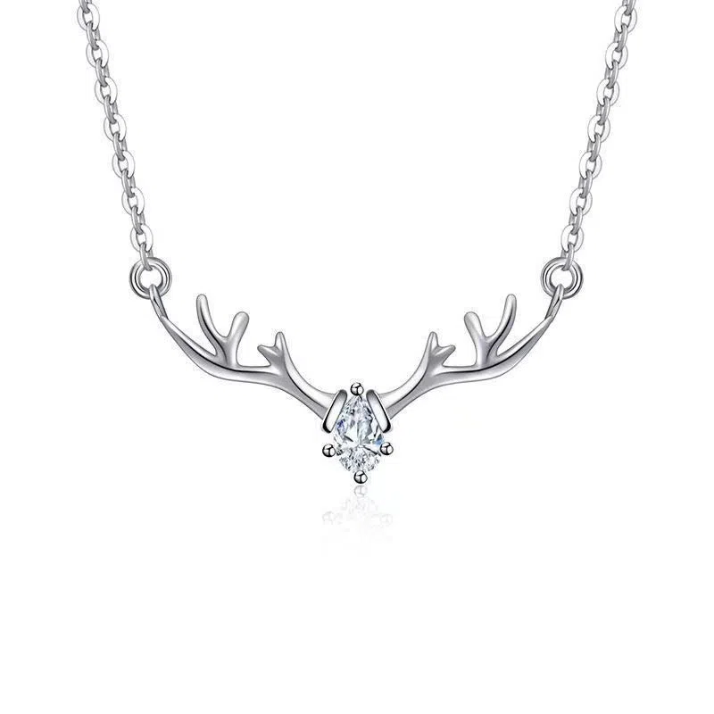 Women's copper deer pendant necklace with blue stone option on O-link chain, light luxury Korean style