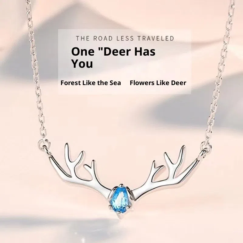 Women's copper deer pendant necklace with blue stone option on O-link chain, light luxury Korean style