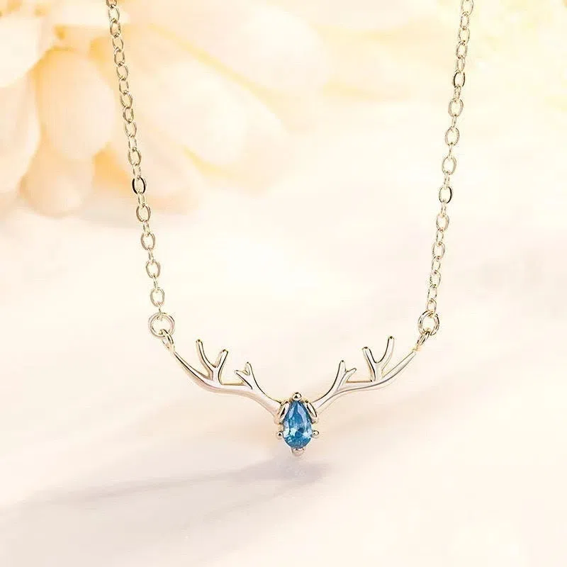 Women's copper deer pendant necklace with blue stone option on O-link chain, light luxury Korean style
