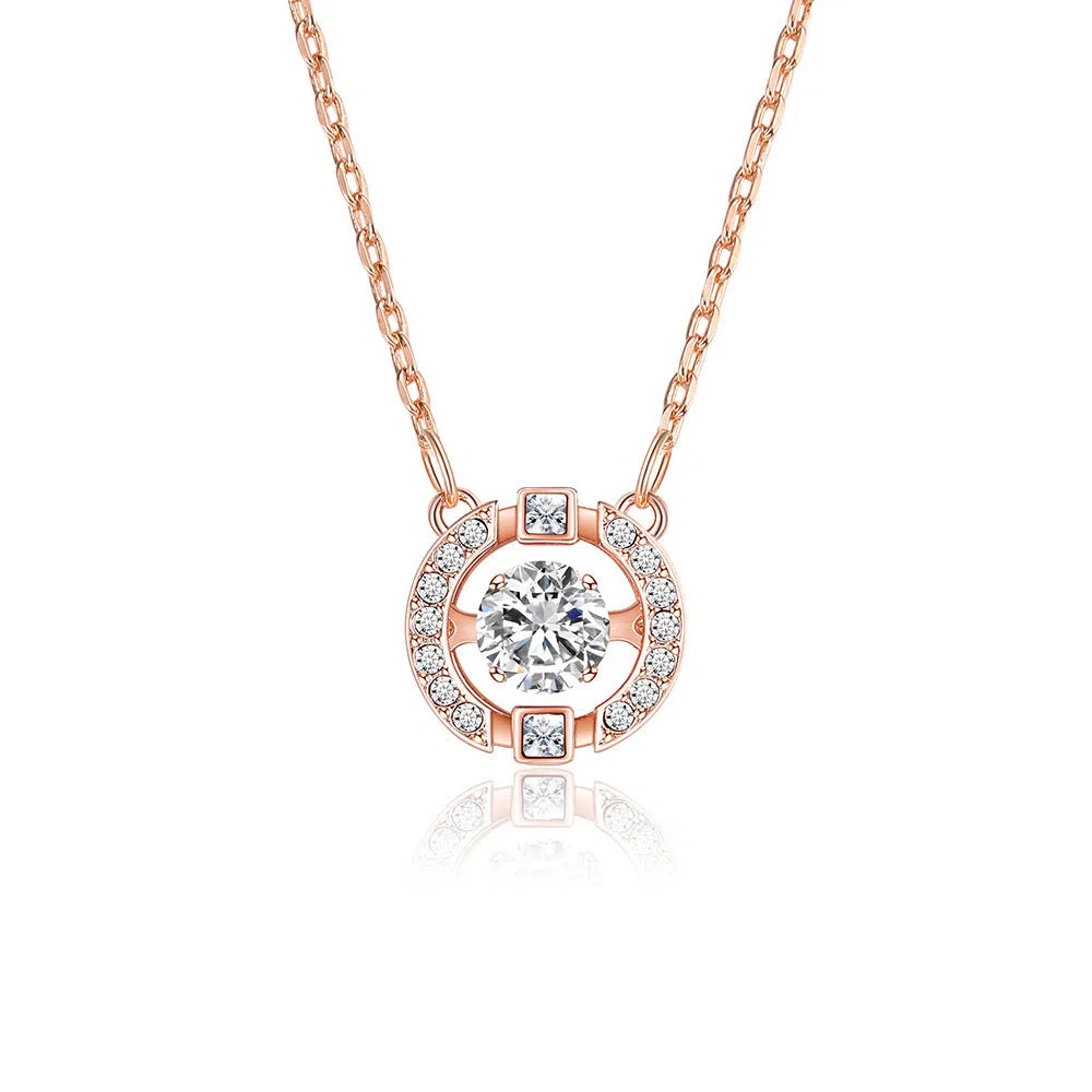 Colorful and lively geometric crown necklace pendant in copper with rhinestone details and cross chain