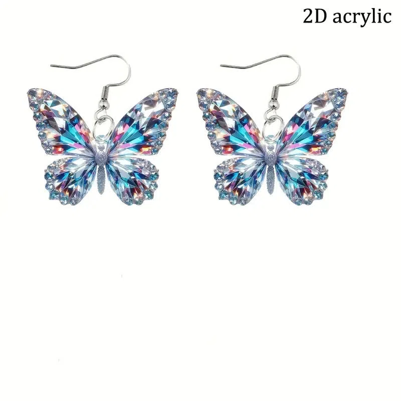 Colourful sparkling 2D acrylic earrings with butterfly design, mallard style finish, unisex