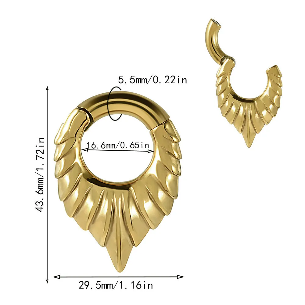 Drop-shaped teardrop earlobe stretcher in stainless steel with a coloured finish and totem detailing.