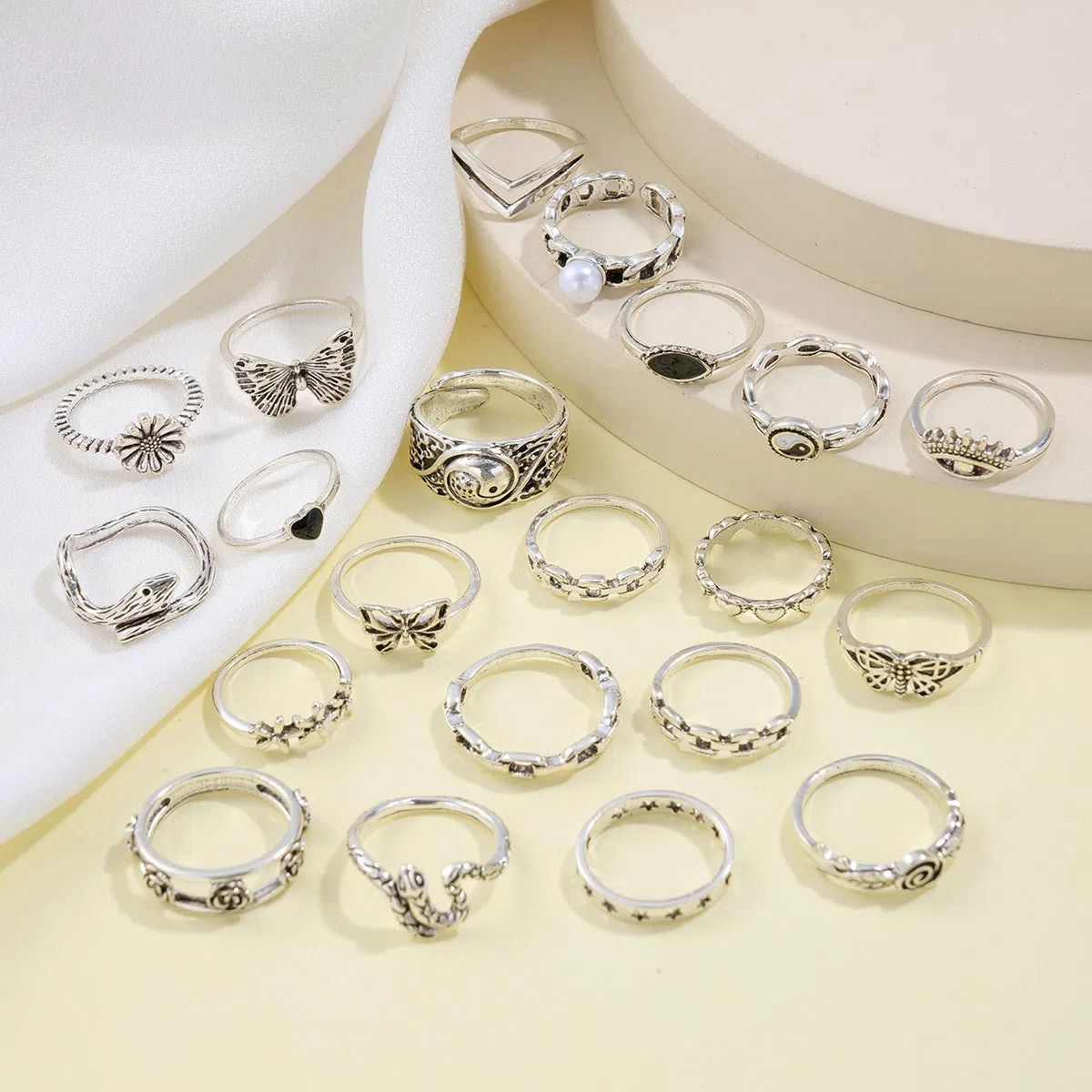 Alloy women's ring set butterfly love motifs silver tone floral geometric shape