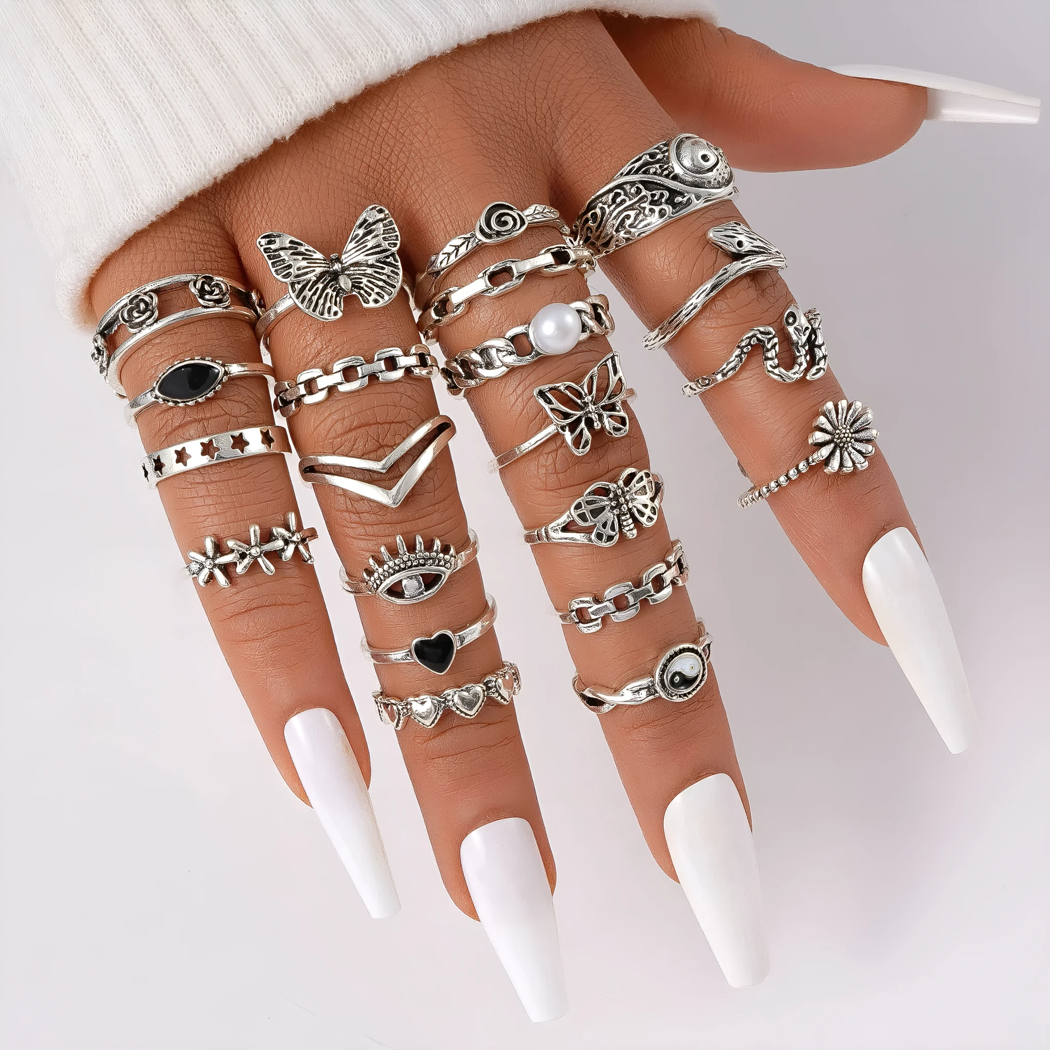 Alloy women's ring set butterfly love motifs silver tone floral geometric shape