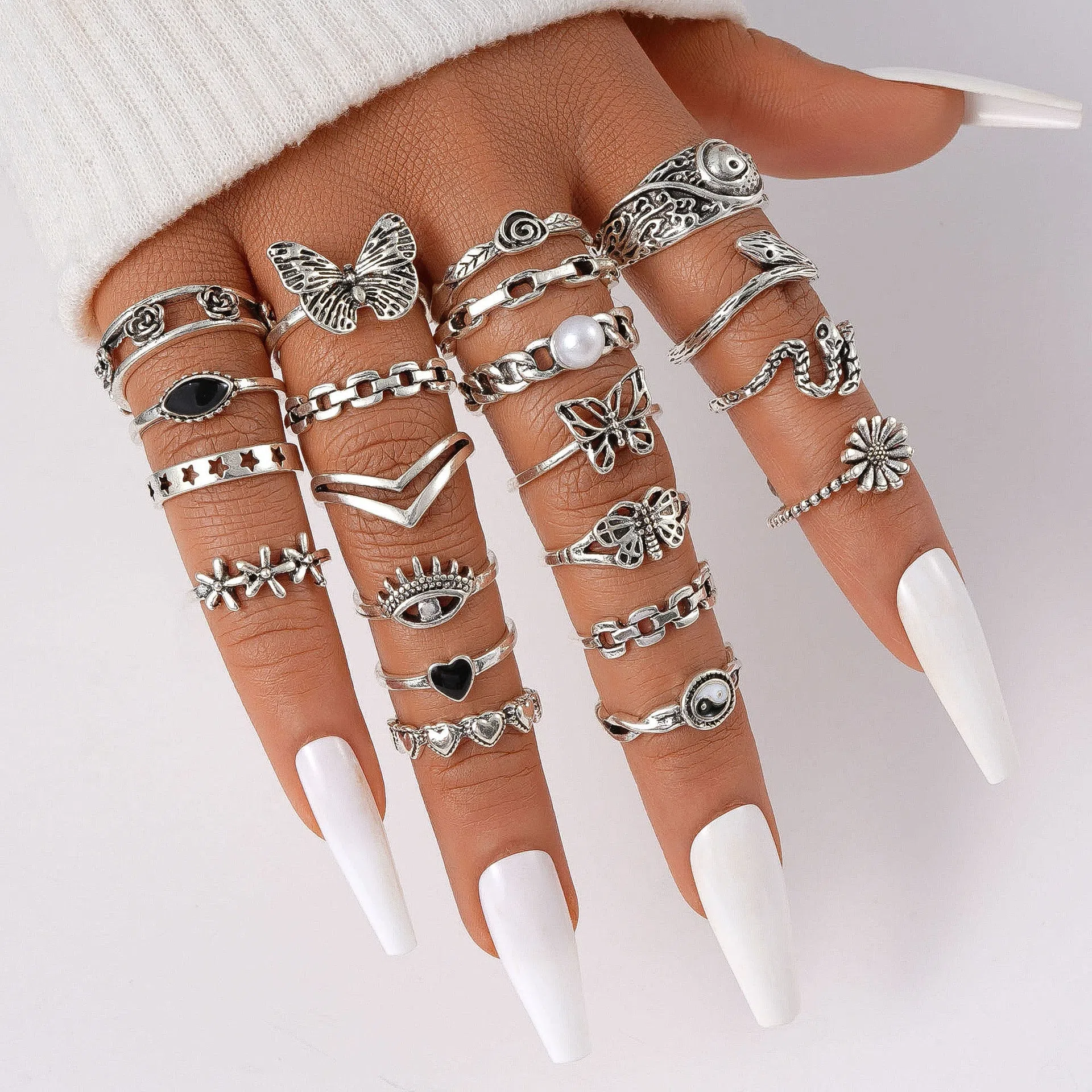 Alloy women's ring set butterfly love motifs silver tone floral geometric shape