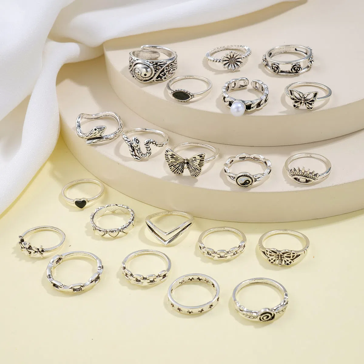 Alloy women's ring set butterfly love motifs silver tone floral geometric shape