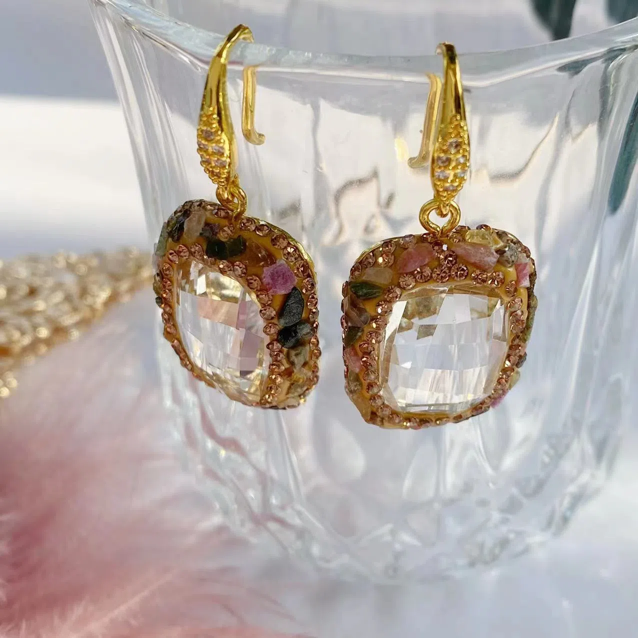 Geometric alloy earrings with electroplated finish and row drilling detail for women