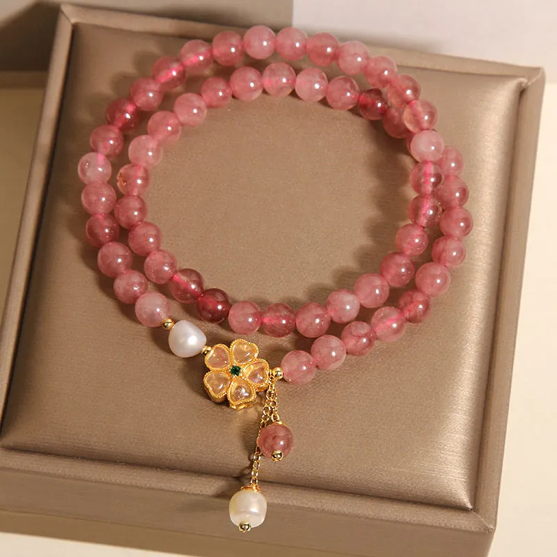 Strawberry quartz four-leaf clover double ring bracelet for women with alloy inlay