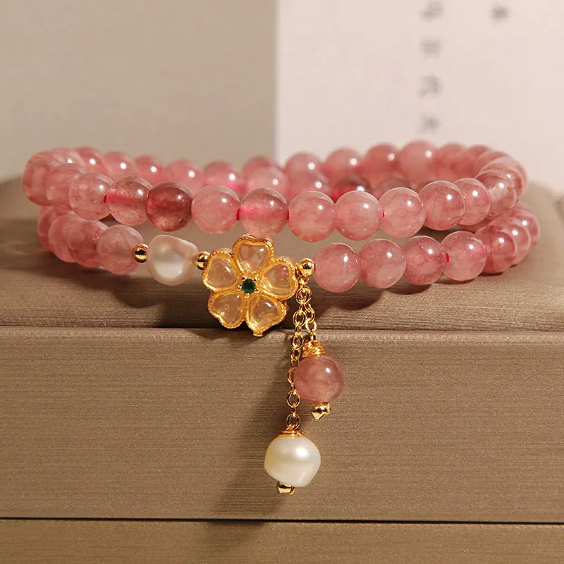 Strawberry quartz four-leaf clover double ring bracelet for women with alloy inlay