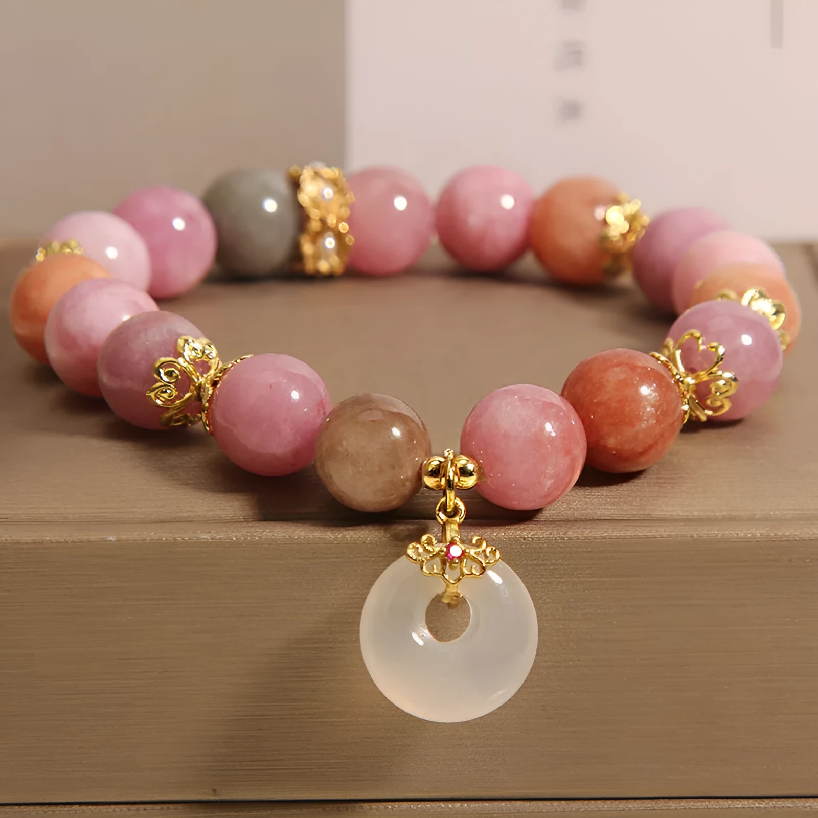 Retro tourmaline peace buckle pendant bracelet for women, macaron colour, safety closure