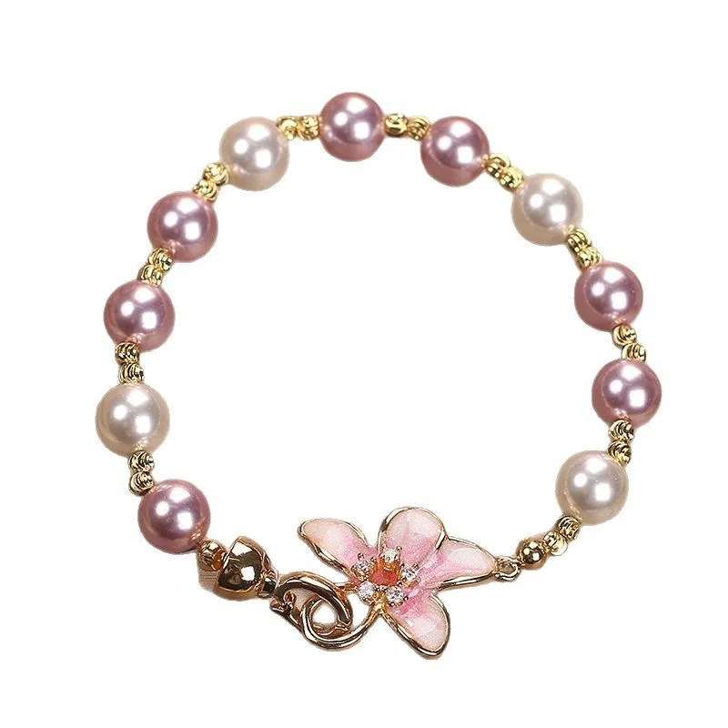 New Chinese style wisteria flower imitation pearl bracelet for women in pink colour, sweet light luxury design