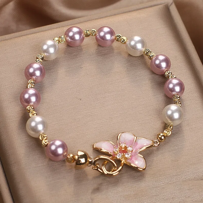 New Chinese style wisteria flower imitation pearl bracelet for women in pink colour, sweet light luxury design