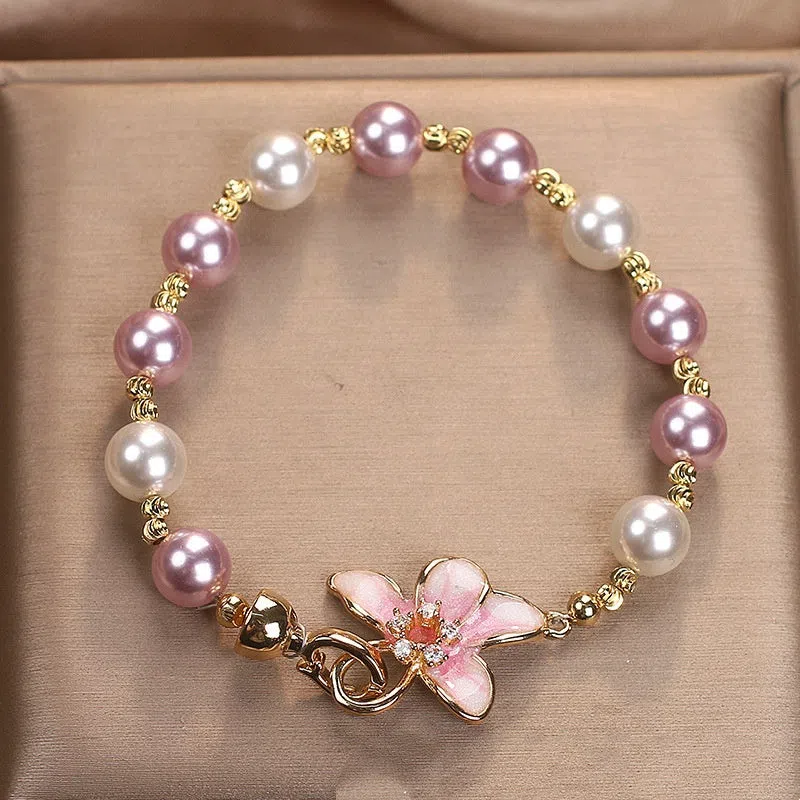 New Chinese style wisteria flower imitation pearl bracelet for women in pink colour, sweet light luxury design