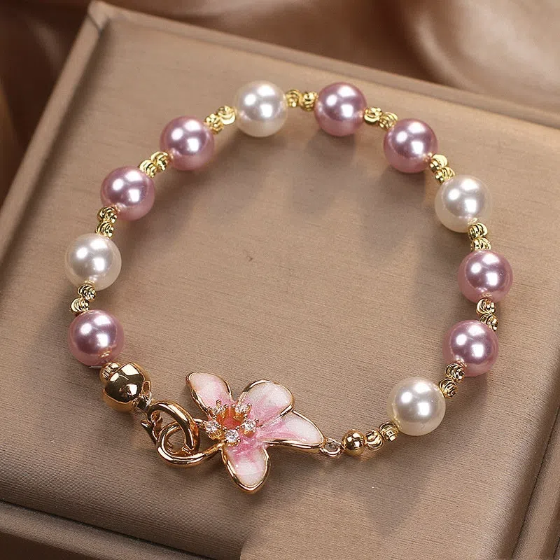 New Chinese style wisteria flower imitation pearl bracelet for women in pink colour, sweet light luxury design