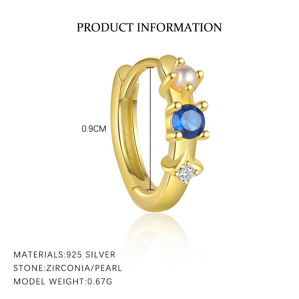 S925 sterling silver geometric earrings with yellow gold finish and inlaid zircon stone on white background