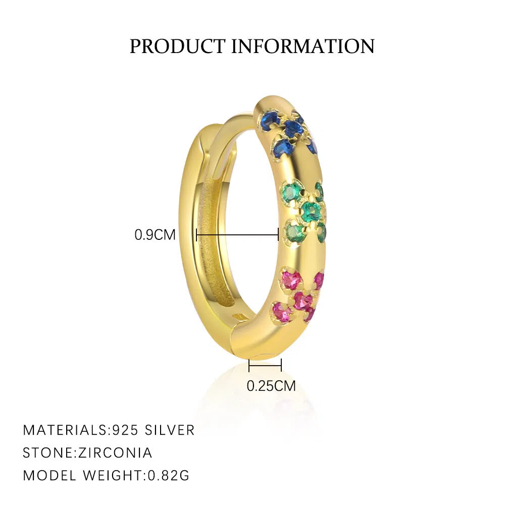 S925 sterling silver geometric earrings with yellow gold finish and inlaid zircon stone on white background