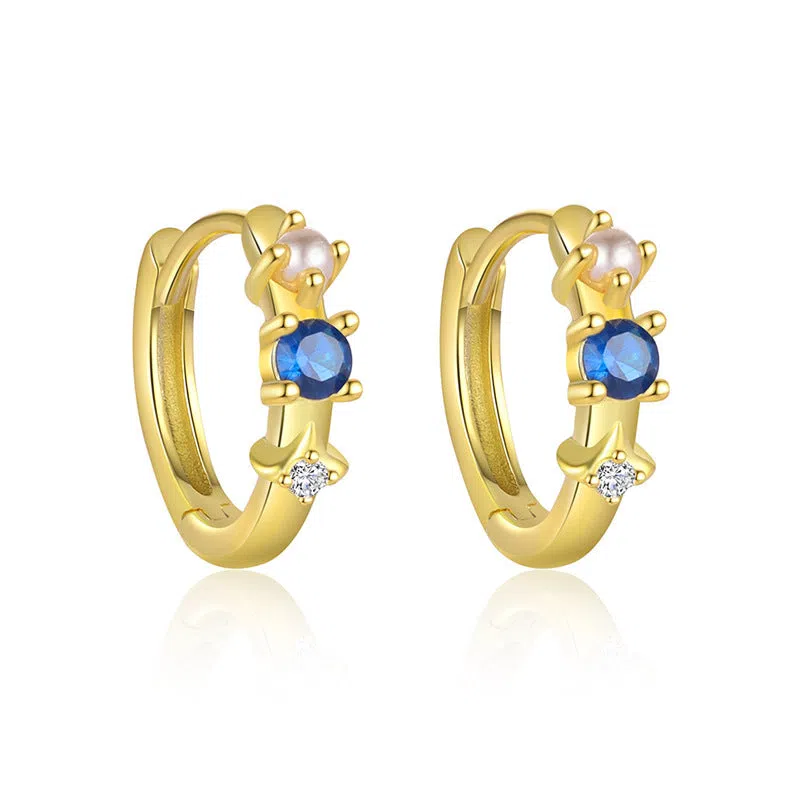 S925 sterling silver geometric earrings with yellow gold finish and inlaid zircon stone on white background