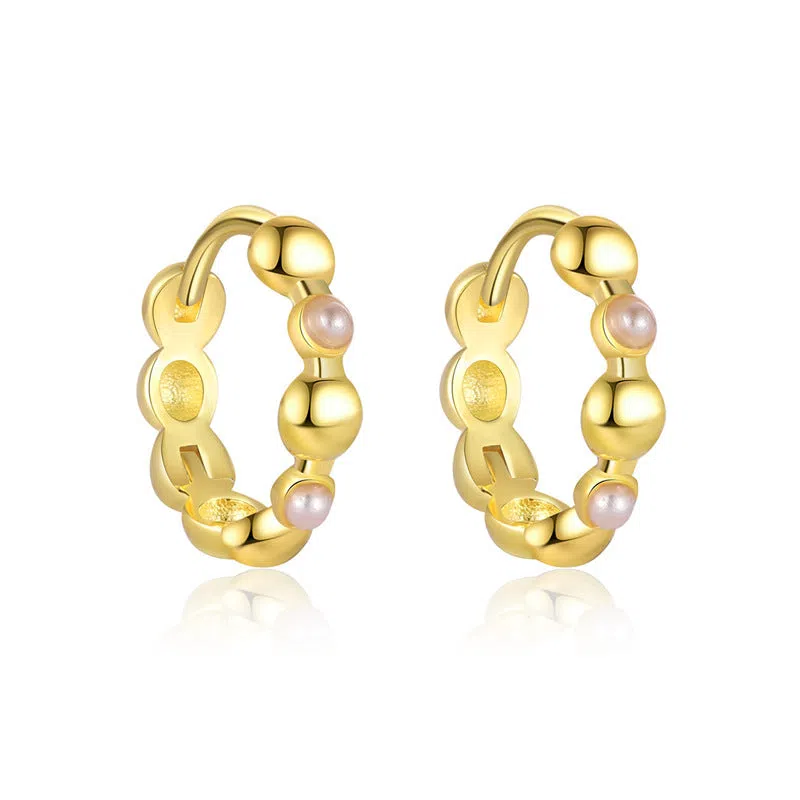 S925 sterling silver geometric earrings with yellow gold finish and inlaid zircon stone on white background