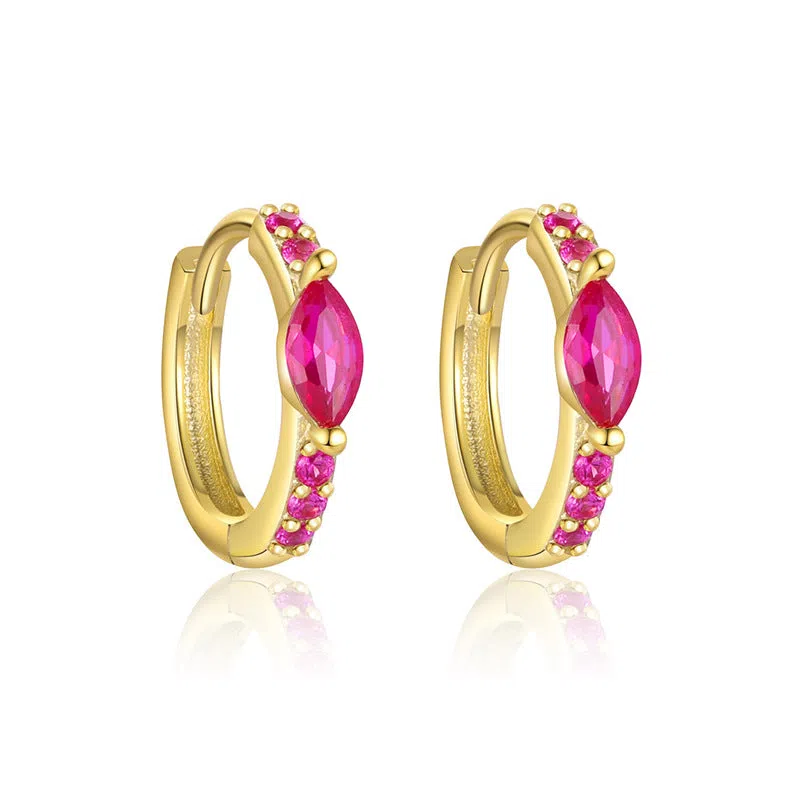 S925 sterling silver geometric earrings with yellow gold finish and inlaid zircon stone on white background