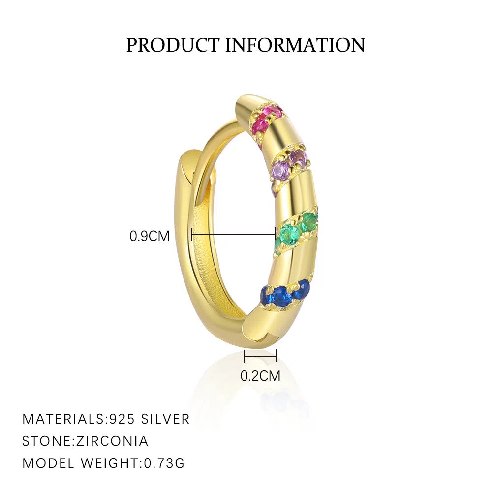 S925 sterling silver geometric earrings with yellow gold finish and inlaid zircon stone on white background