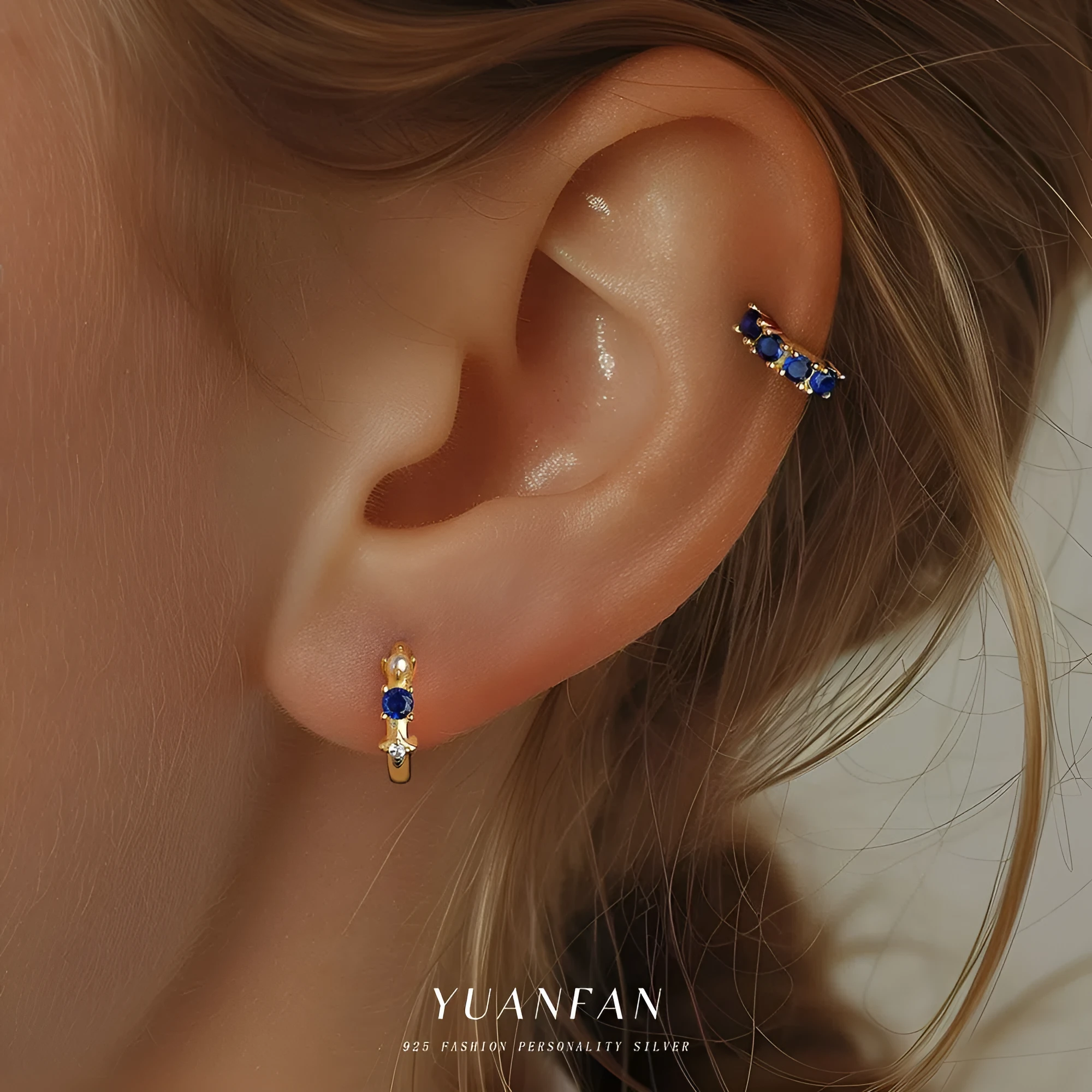 S925 sterling silver geometric earrings with yellow gold finish and inlaid zircon stone on white background