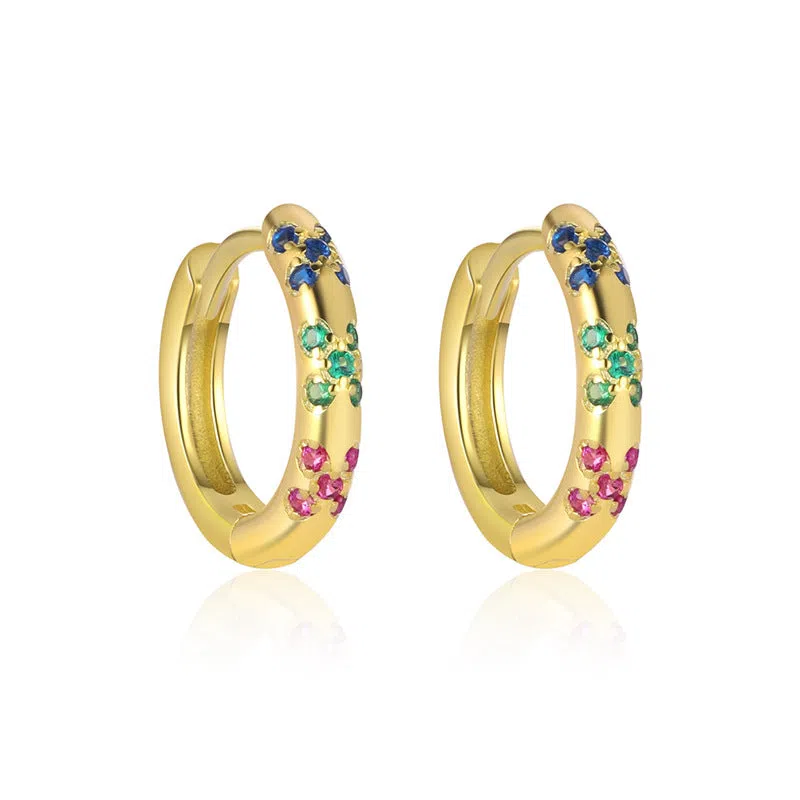 S925 sterling silver geometric earrings with yellow gold finish and inlaid zircon stone on white background
