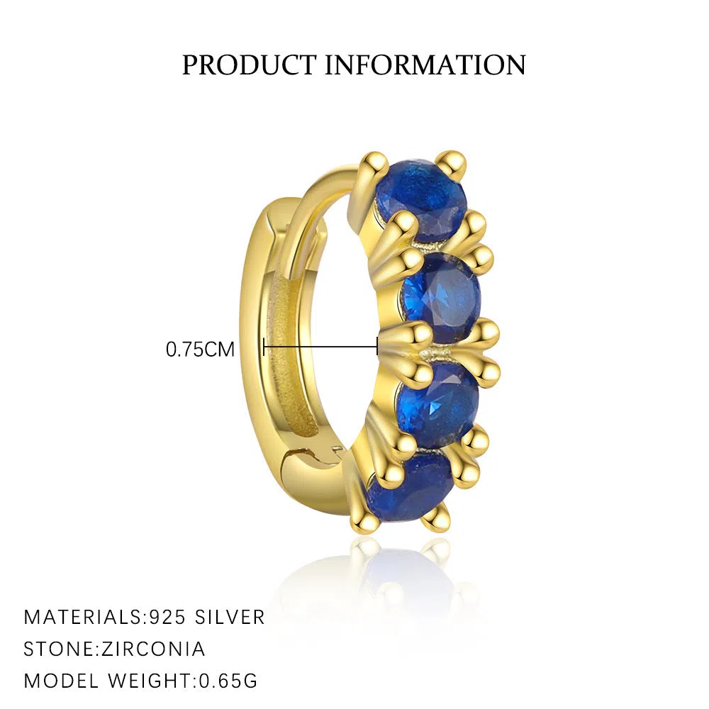 S925 sterling silver geometric earrings with yellow gold finish and inlaid zircon stone on white background