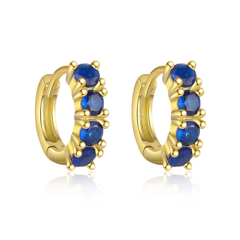 S925 sterling silver geometric earrings with yellow gold finish and inlaid zircon stone on white background