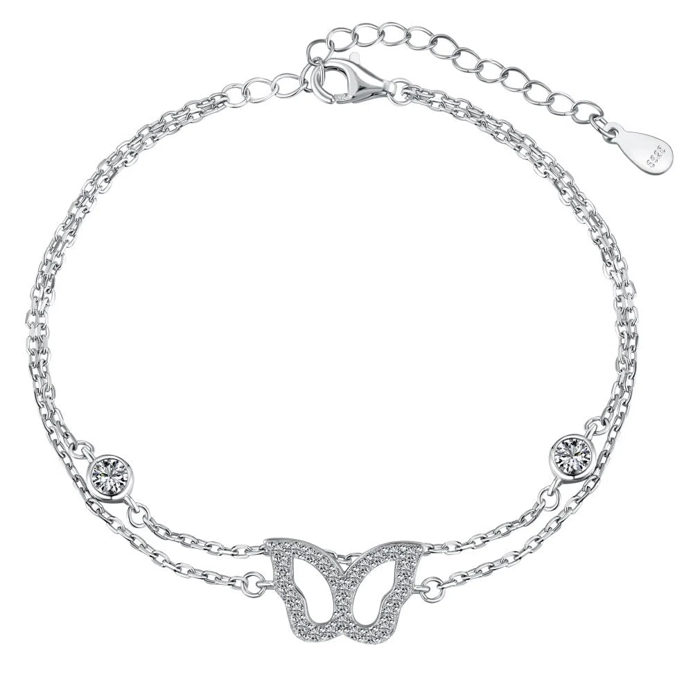 925 silver anklet with hollow zircon inlay in platinum colour on a white background
