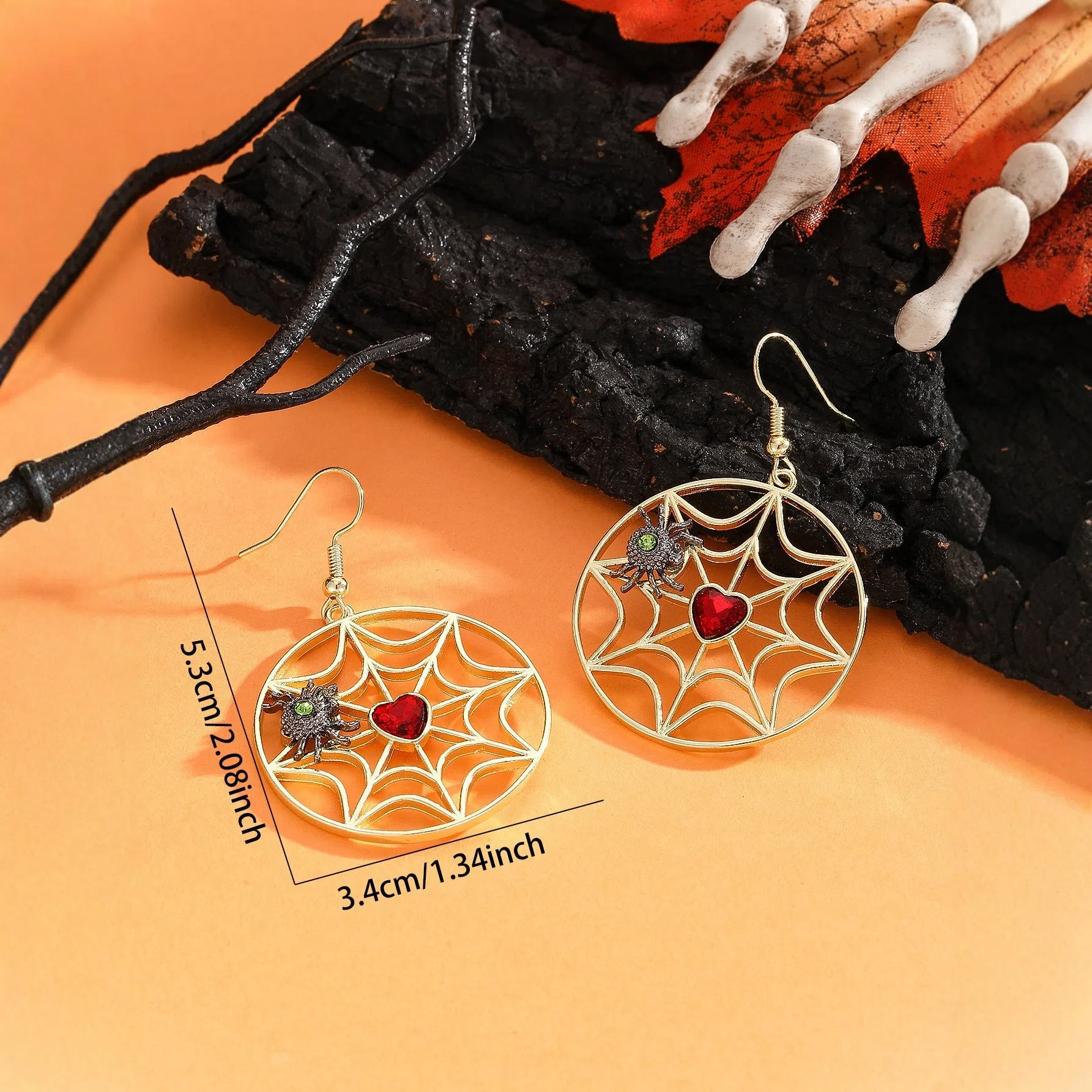 Silver colour spider web spider pendant dangle earrings