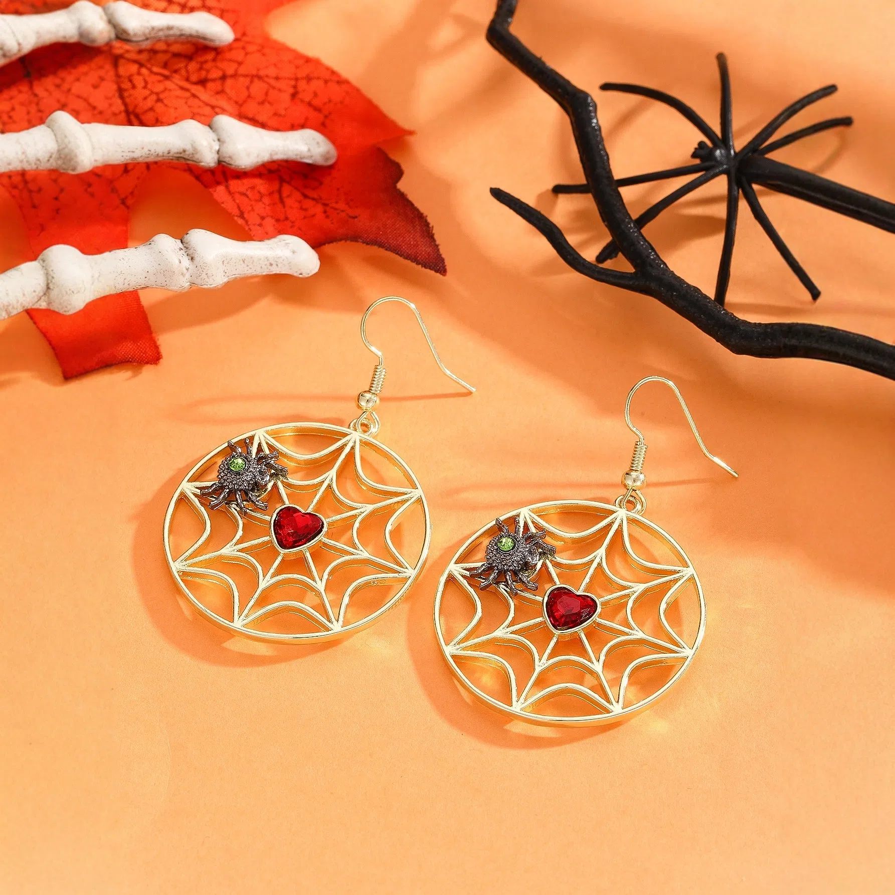 Silver colour spider web spider pendant dangle earrings