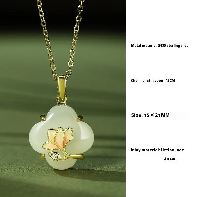 Magnolia Hetian jade jewellery set with sterling silver necklace, bracelet and earrings in New Chinese style