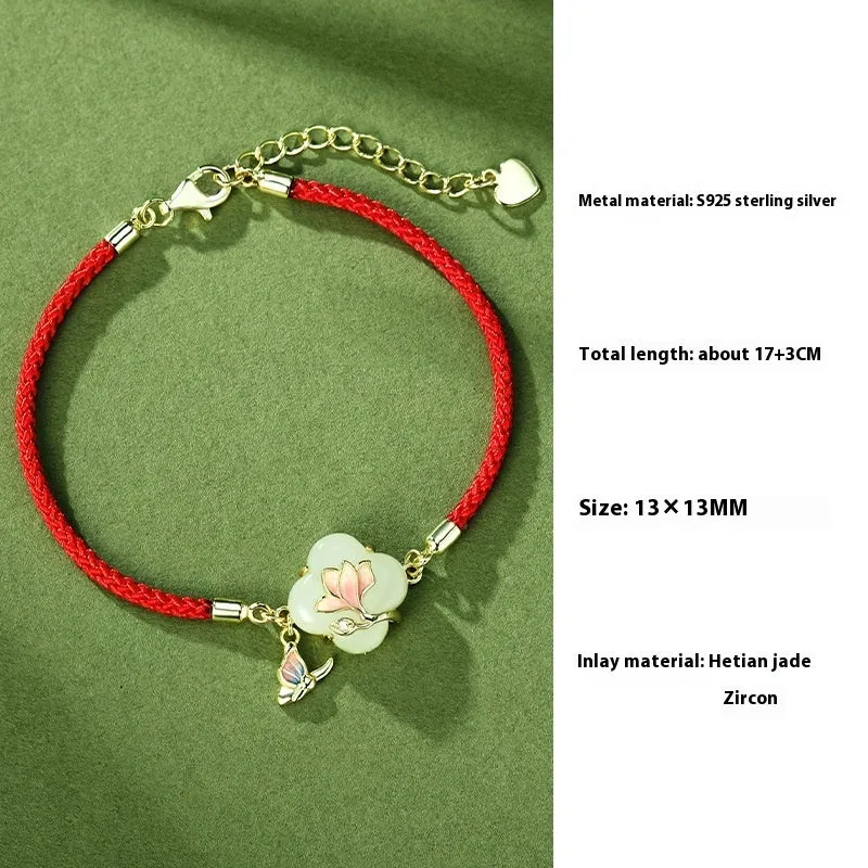 Magnolia Hetian jade jewellery set with sterling silver necklace, bracelet and earrings in New Chinese style