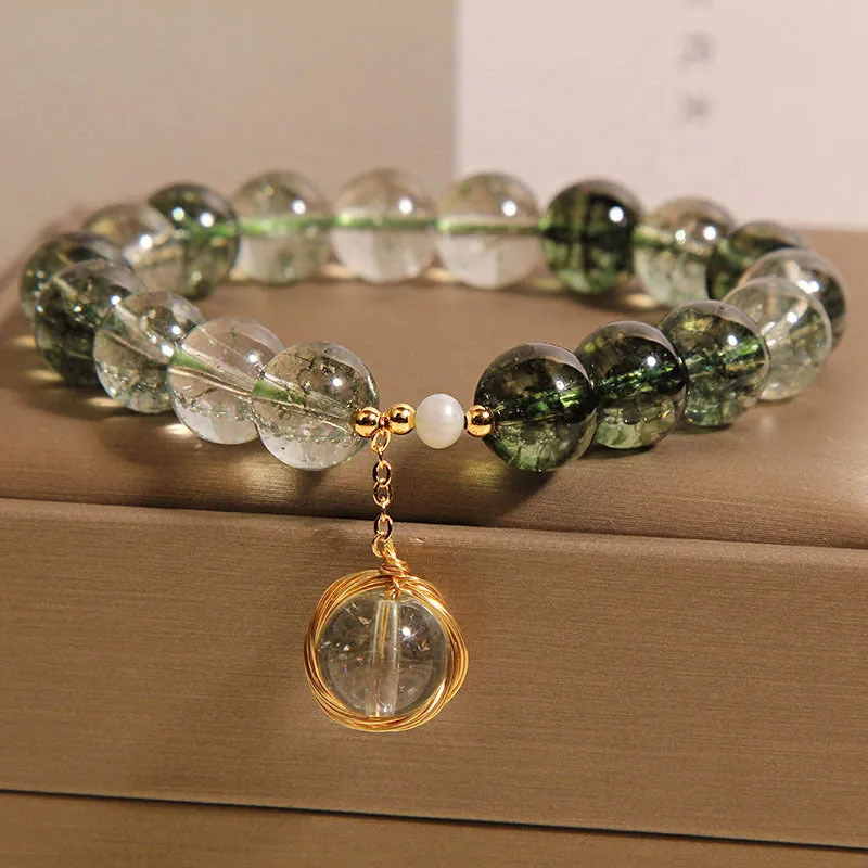 Green phantom quartz crystal bracelet with natural chorite crystals in Japanese Korean style