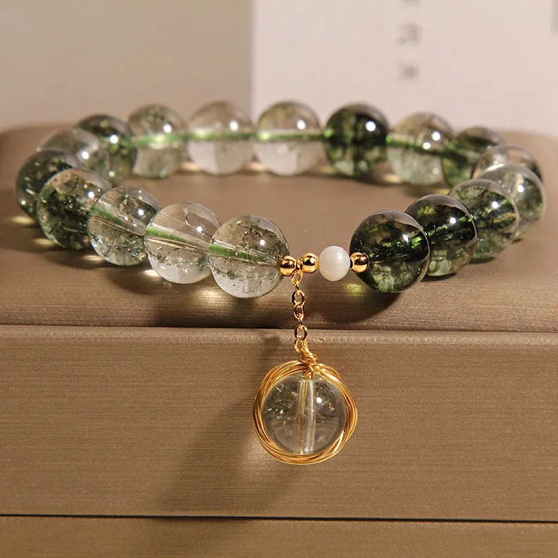 Green phantom quartz crystal bracelet with natural chorite crystals in Japanese Korean style