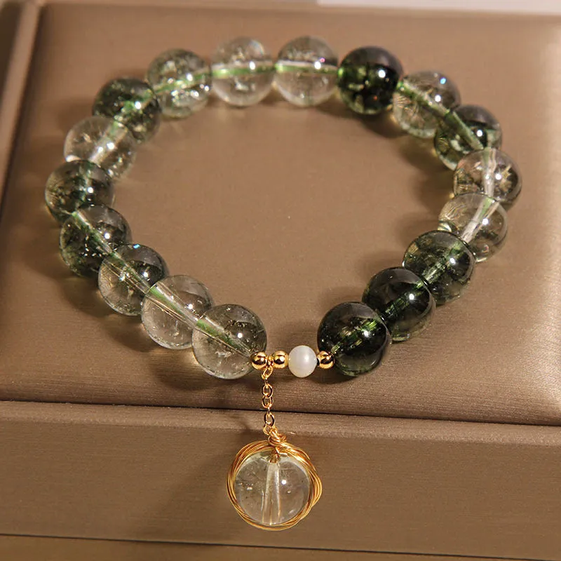 Green phantom quartz crystal bracelet with natural chorite crystals in Japanese Korean style