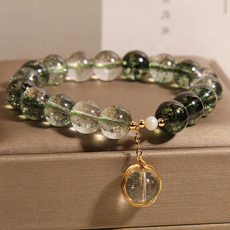 Green phantom quartz crystal bracelet with natural chorite crystals in Japanese Korean style