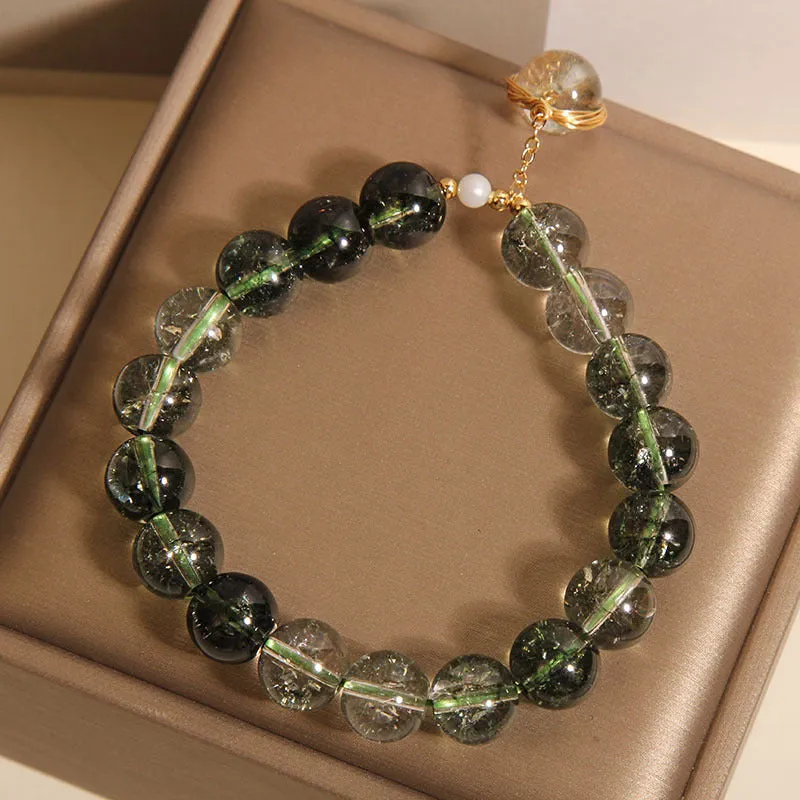 Green phantom quartz crystal bracelet with natural chorite crystals in Japanese Korean style