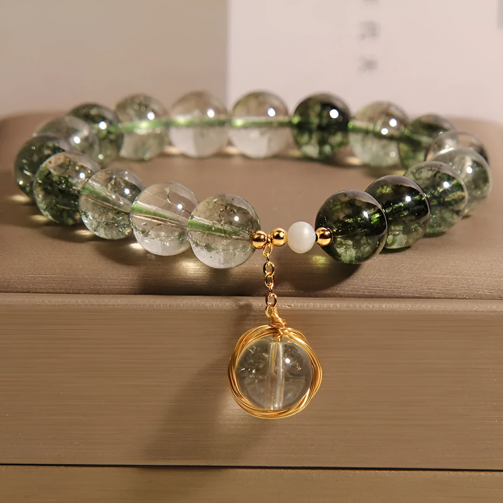 Green phantom quartz crystal bracelet with natural chorite crystals in Japanese Korean style
