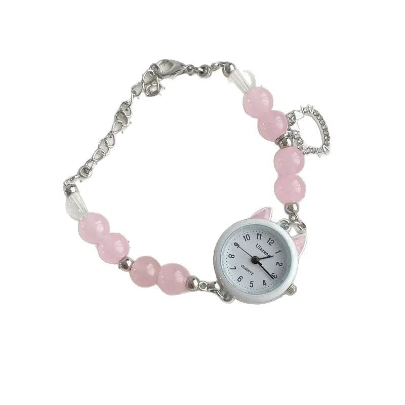 Women's chain watch with cat ear frame in silver, 8mm thickness, casual style