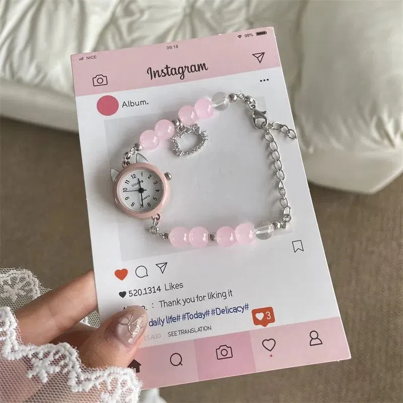 Women's chain watch with cat ear frame in silver, 8mm thickness, casual style