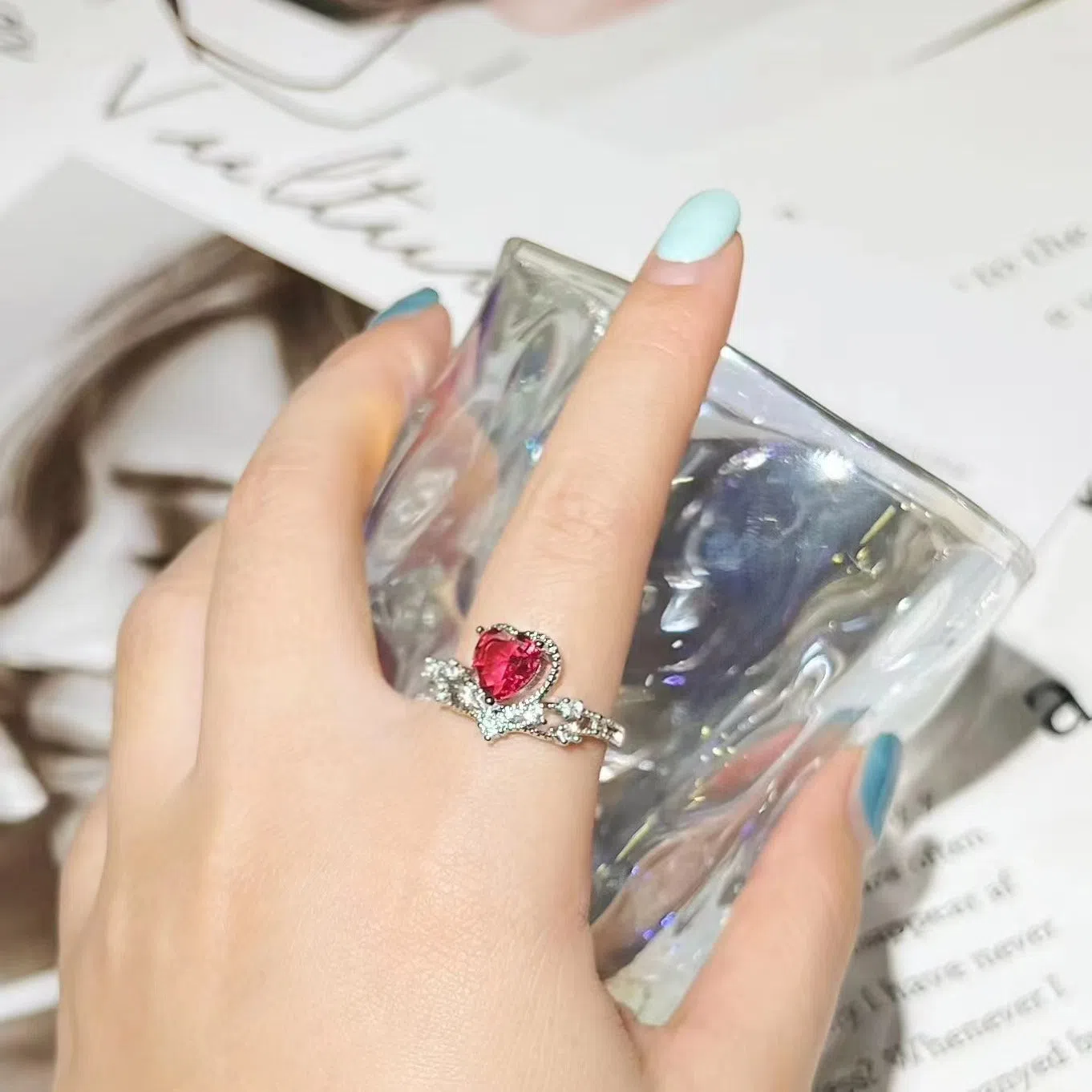 Silver heart-shaped zircon ring for women, copper palace style, available in sizes No 6 to No 10