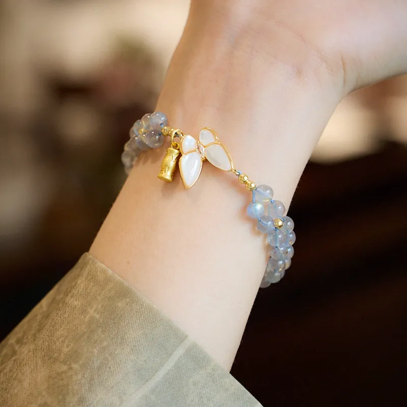 Gray moonstone woven bracelet for women with butterfly hand rope design and geometric retro style