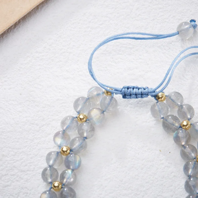 Gray moonstone woven bracelet for women with butterfly hand rope design and geometric retro style