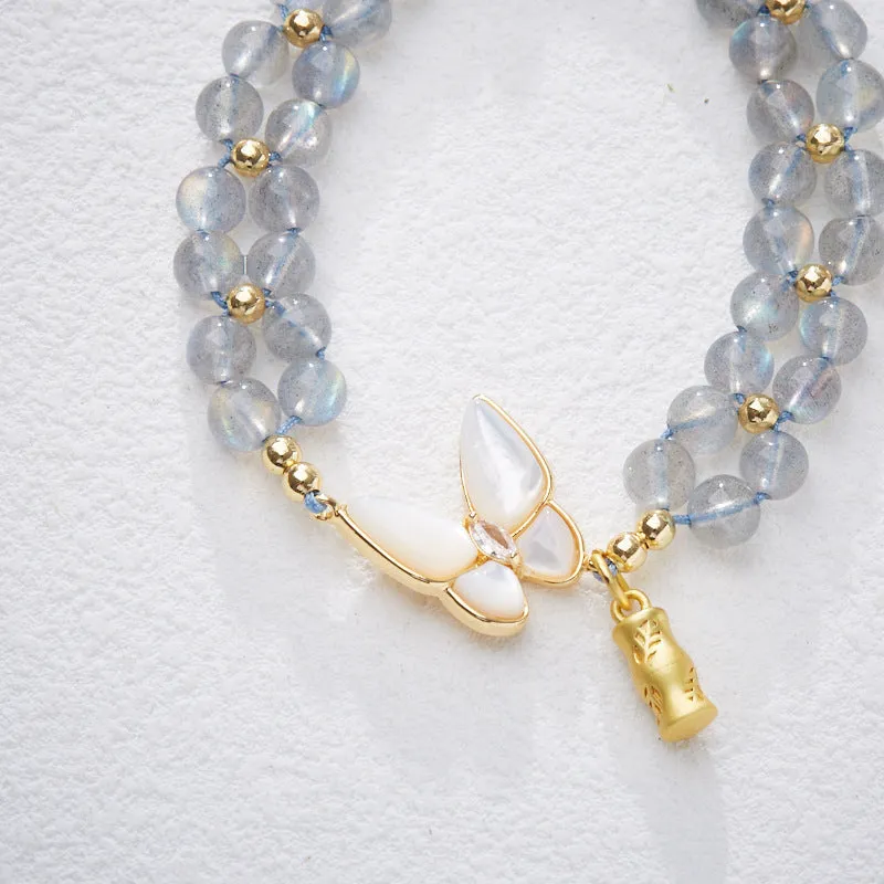 Gray moonstone woven bracelet for women with butterfly hand rope design and geometric retro style
