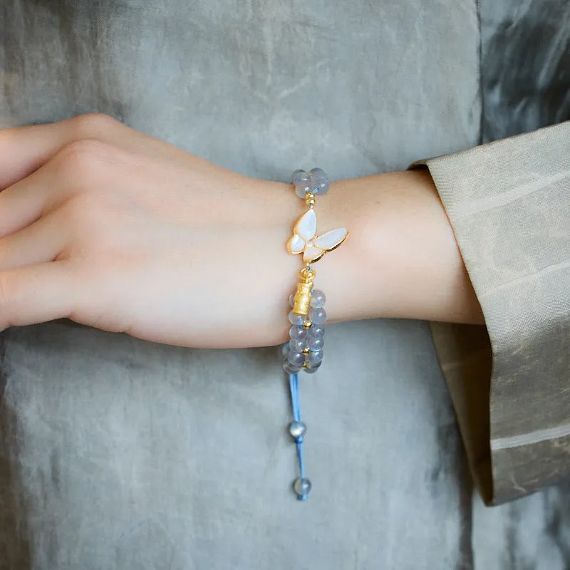 Gray moonstone woven bracelet for women with butterfly hand rope design and geometric retro style