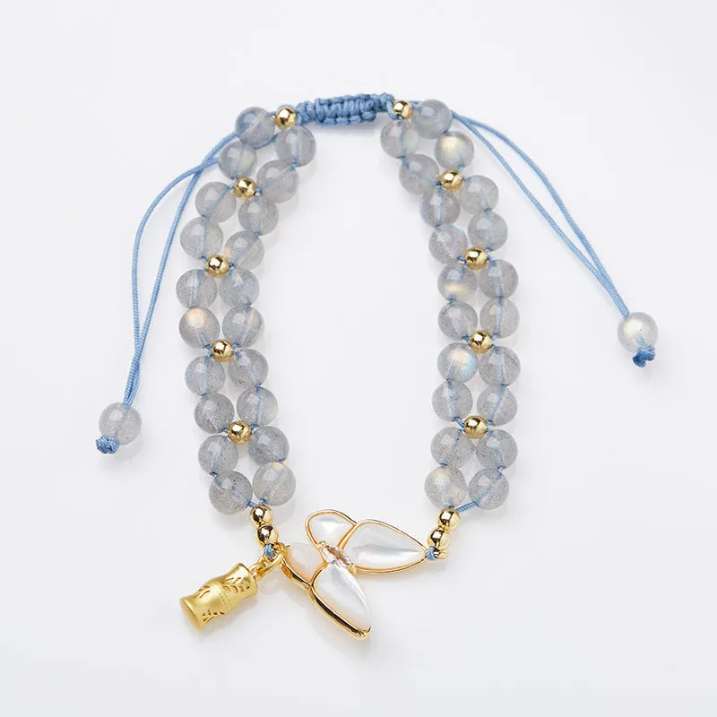 Gray moonstone woven bracelet for women with butterfly hand rope design and geometric retro style