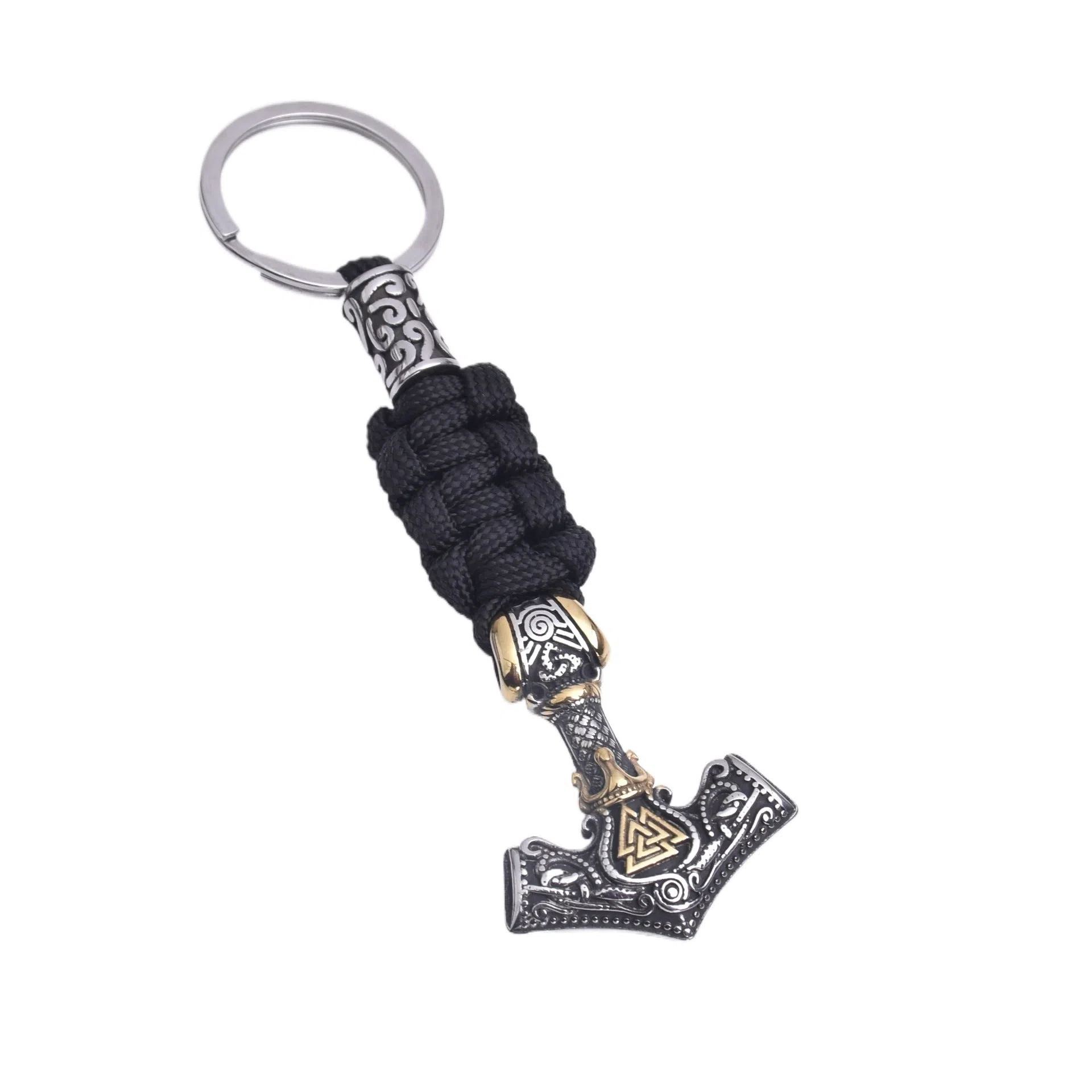 Viking triangle rune impactor keychain in stainless steel with animal motif, available in three metal finishes