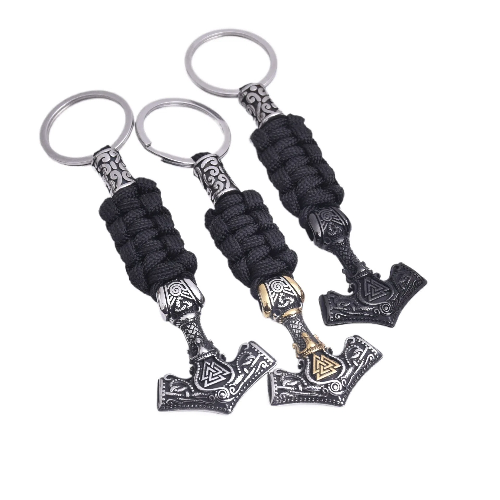 Viking triangle rune impactor keychain in stainless steel with animal motif, available in three metal finishes
